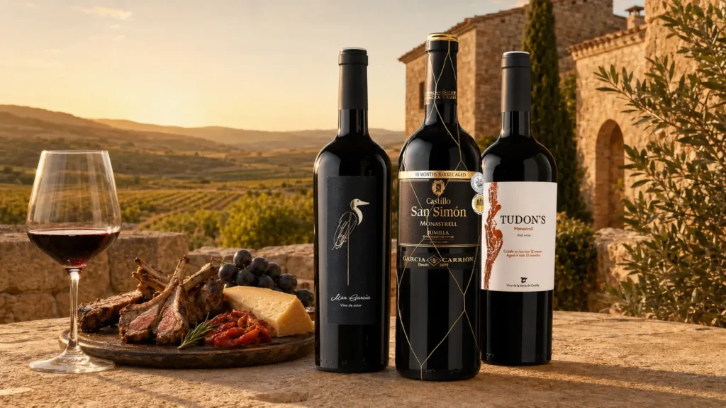 Selección de vinos españoles con cordero, queso y paisaje mediterráneo