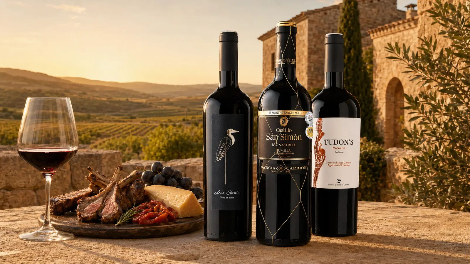 Selección de vinos españoles con cordero, queso y paisaje mediterráneo