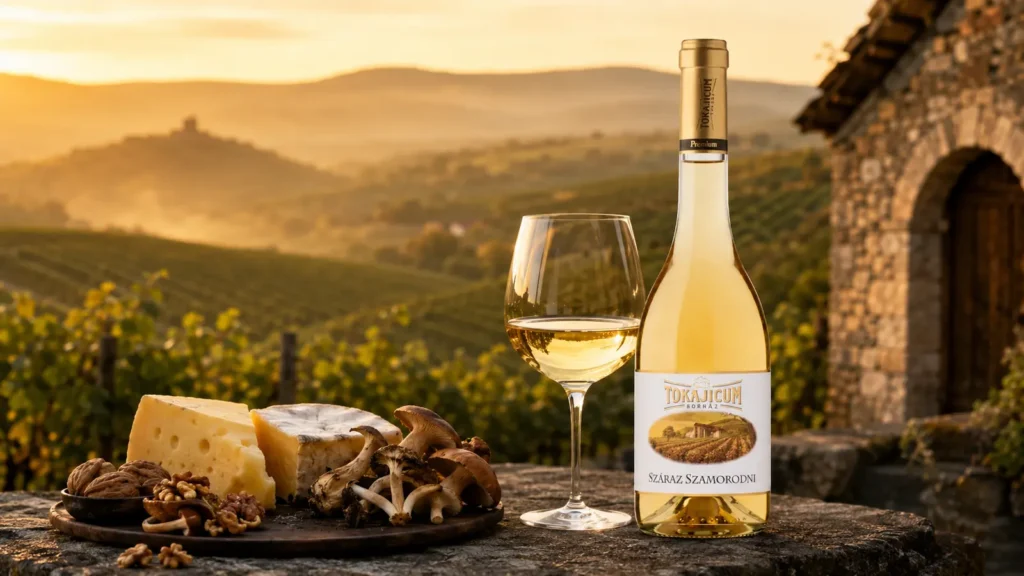 Tokajicum Szamorodni con quesos, hongos y viñedos de Tokaj en Hungría