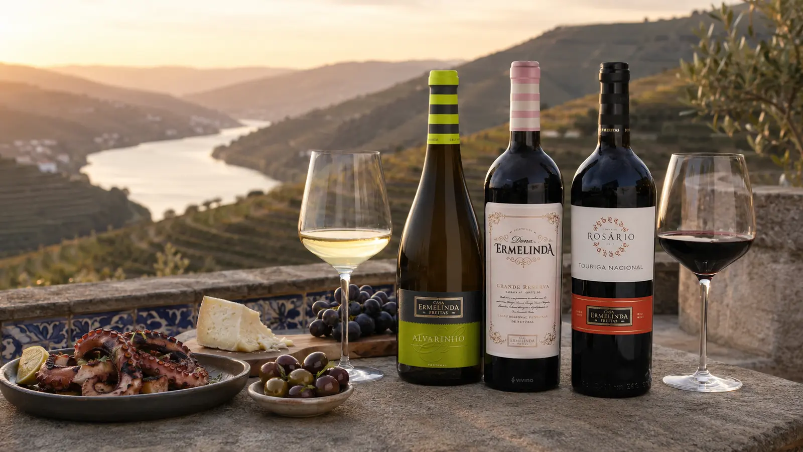 Selección de vinos portugueses con pulpo, quesos y paisaje del valle del Duero