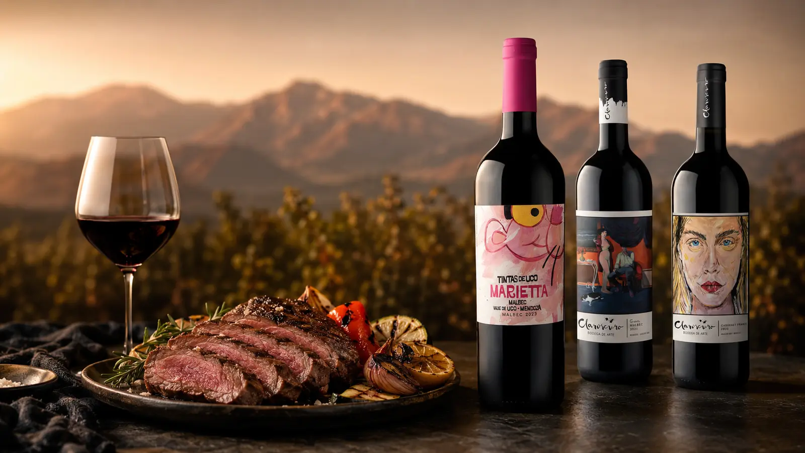 Selección de vinos argentinos de Avelior con maridaje y paisaje de Mendoza
