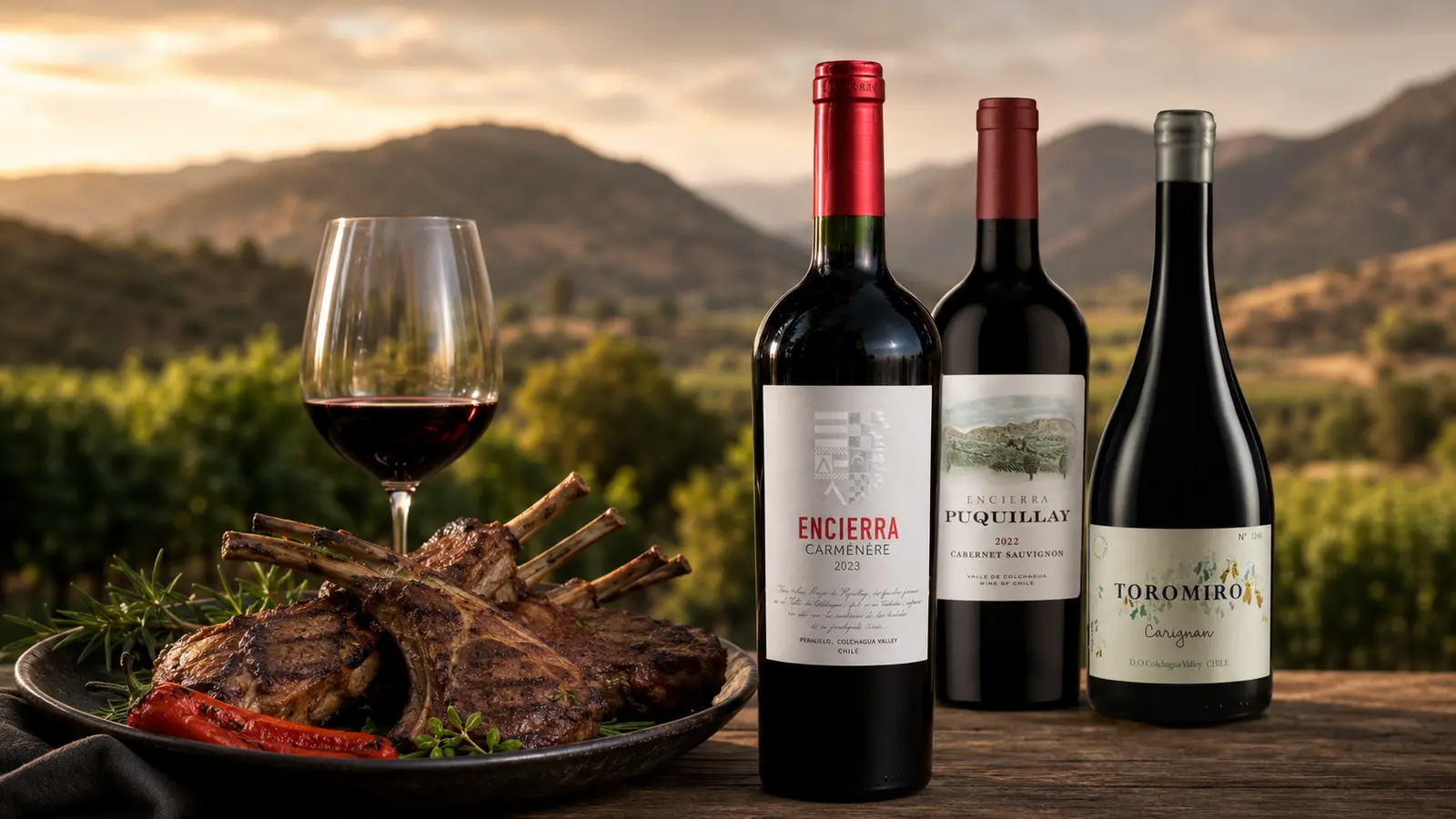 Selección de vinos chilenos de Avelior con maridaje y paisaje del Valle de Colchagua