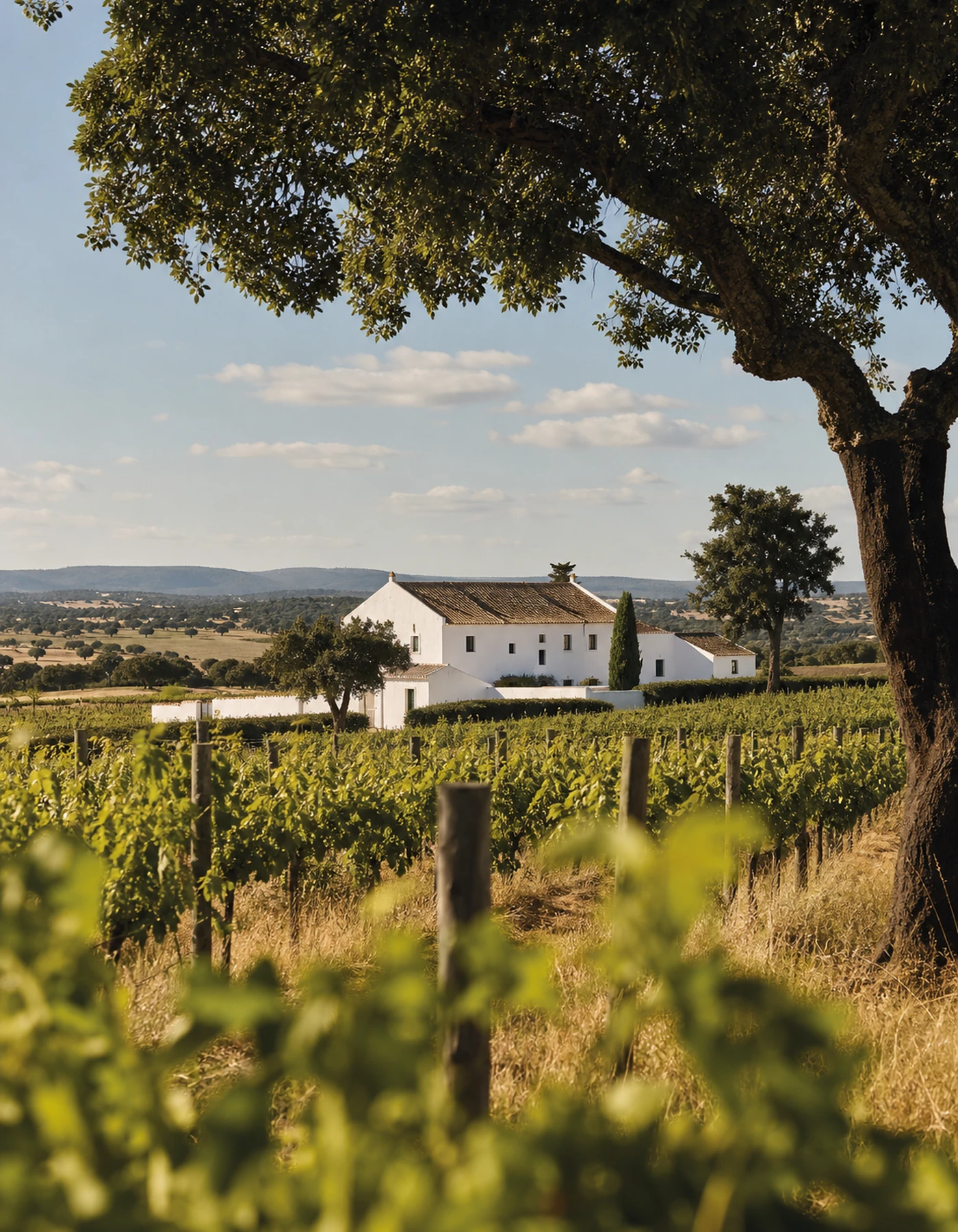 Viñedos del Alentejo entre alcornoques y construcciones encaladas portuguesas