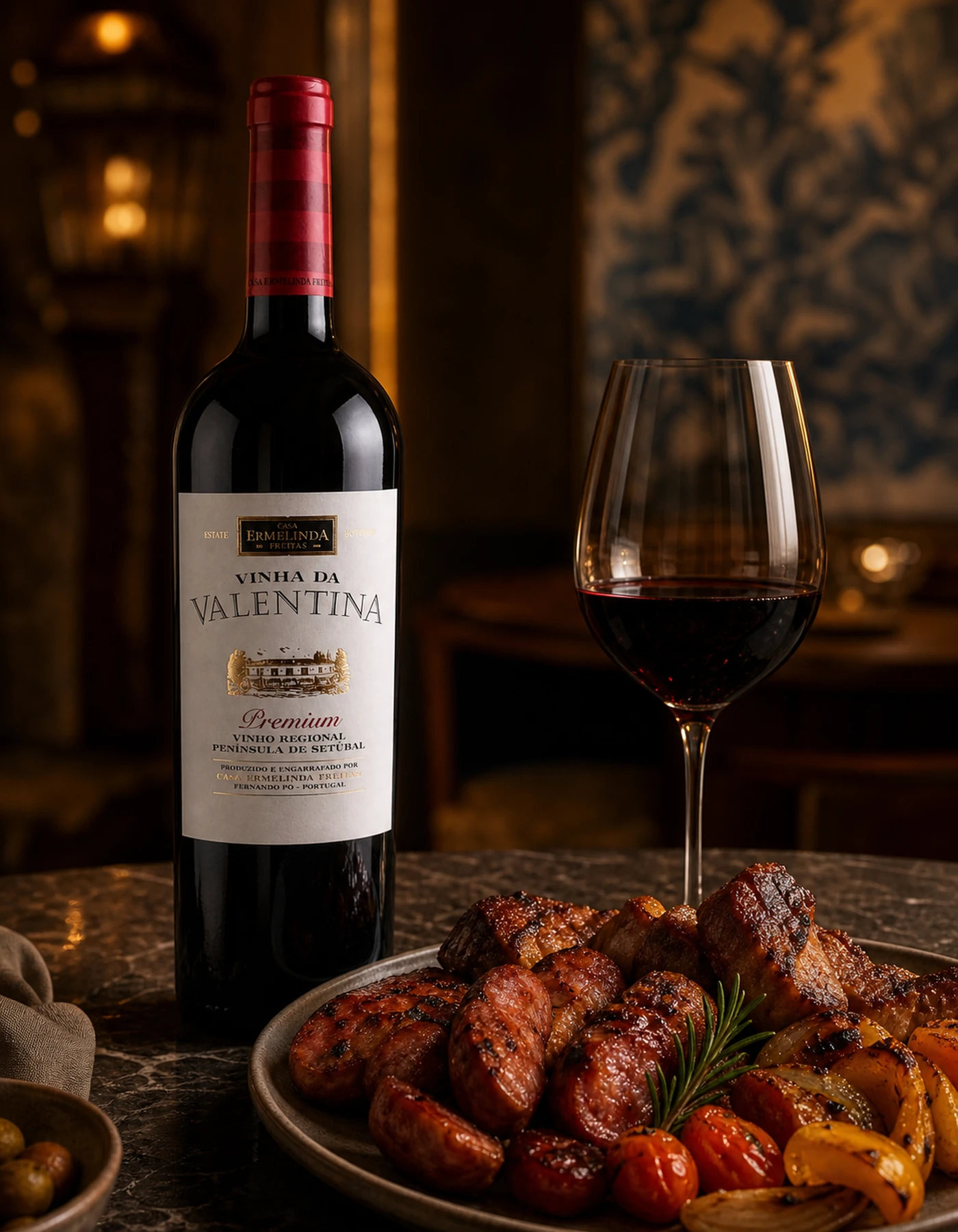 Valentina Premium Tinto 2022 con carnes portuguesas a la parrilla y vegetales asados