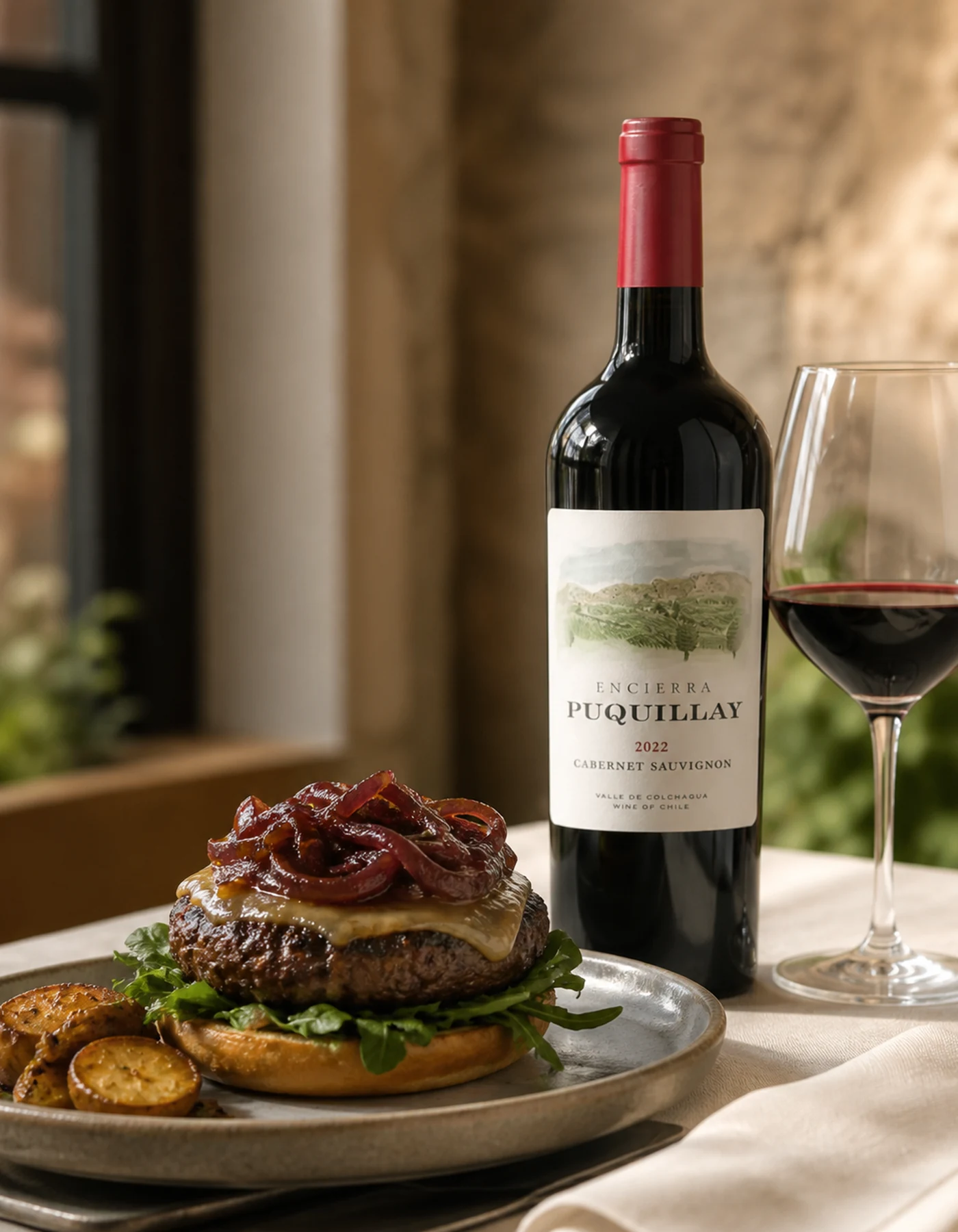 Maridaje de Puquillay Cabernet Sauvignon 2022 con hamburguesa gourmet y papas asadas