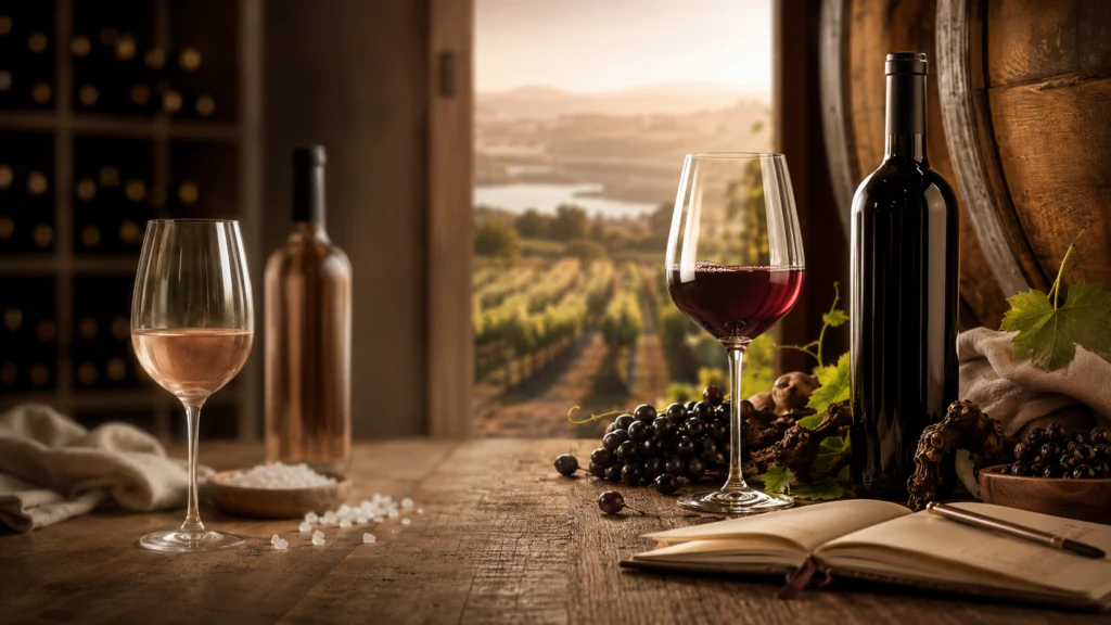 Contraste entre vino dulce y vino seco con viñedo, barrica y copa de degustación