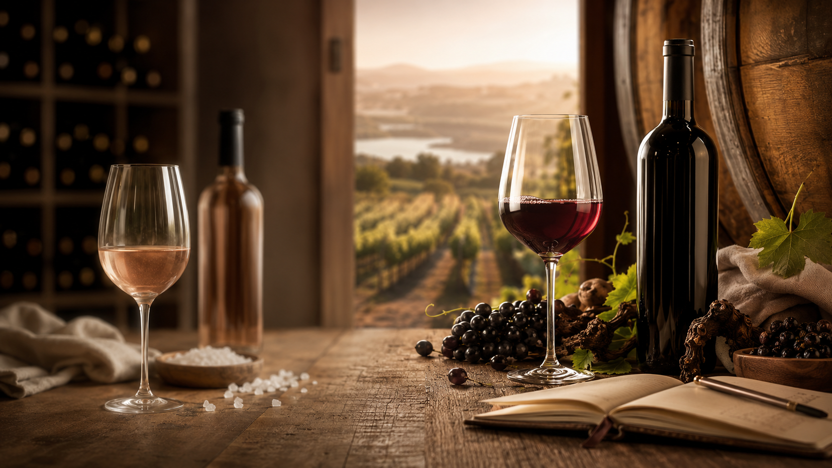 Contraste entre vino dulce y vino seco con viñedo, barrica y copa de degustación