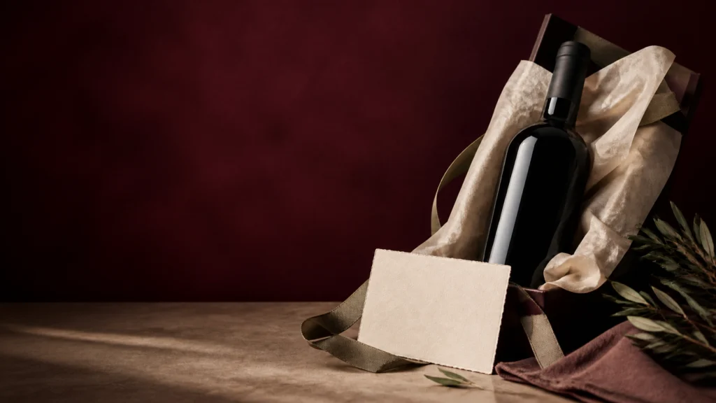Vino para regalar presentado con papel, cinta y una tarjeta