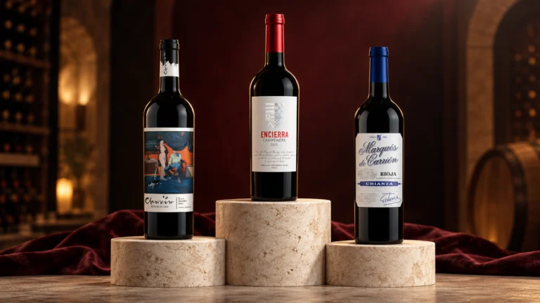 Podio con Encierra Carménère 2023, Claroscuro Gran Malbec 2021 y Marqués de Carrión Crianza 2018