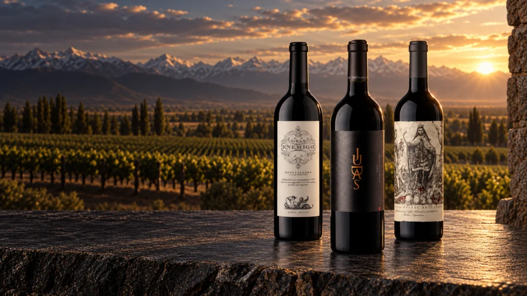 Tres vinos argentinos de alta puntuación frente a los viñedos de Mendoza