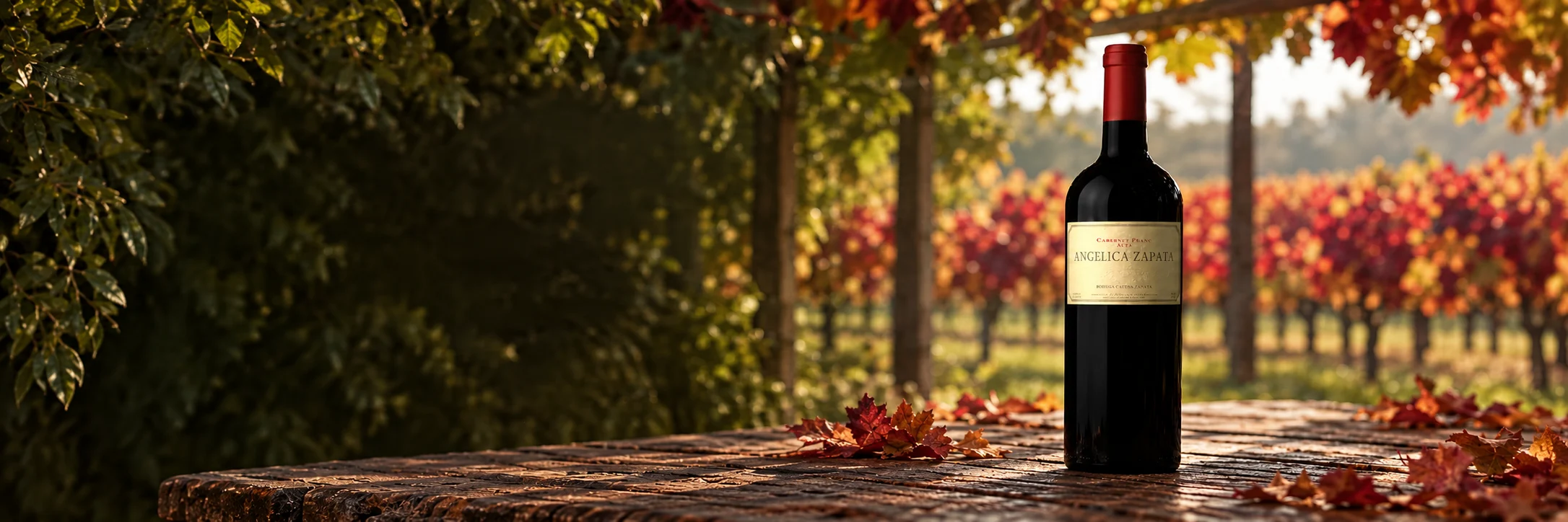 Angélica Zapata Cabernet Franc Alta en una composición editorial de viñedo otoñal