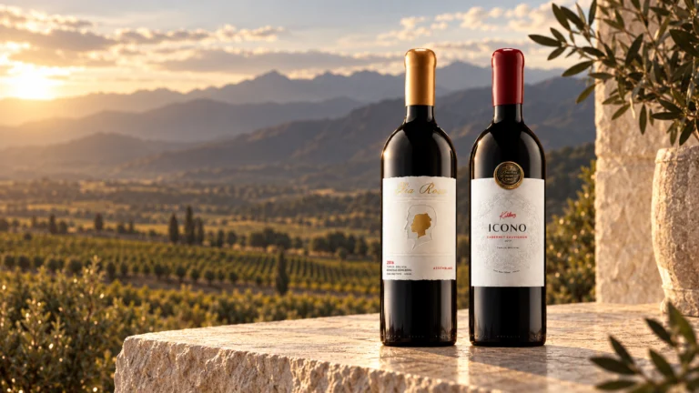 Kohlberg Elia Rosa 2016 e Ícono Cabernet Sauvignon 2017 frente a un paisaje de viñedo y montañas